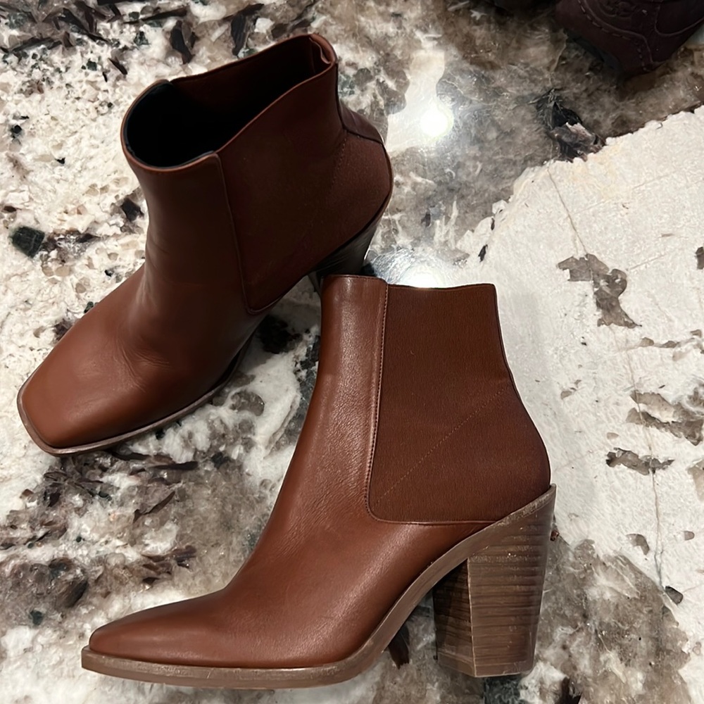 🔥 Rag and Bone Ankle Boot Leather Square Toe Stacked Block Heel Brown🔥